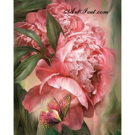 Рисуване по Номера (пълен комплект) - Красива пеперуда на розови божури