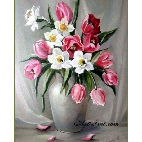 Рисуване по Номера (пълен комплект) - Нарциси и лалета в сребриста ваза