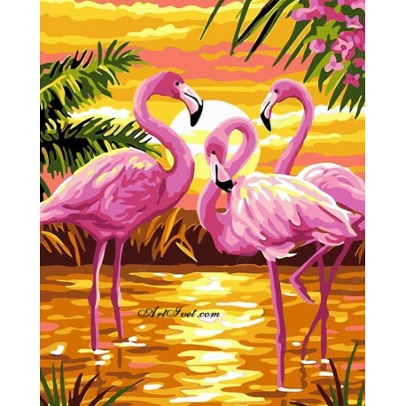 Рисуване по Номера (пълен комплект) - Залезът на фламинготата