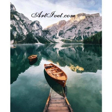 Рисуване по Номера (пълен комплект) - Лодки в алпийското езеро