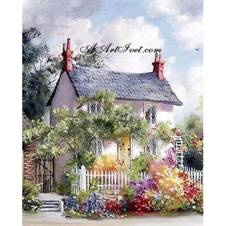 Рисуване по Номера (пълен комплект) - Къща с красива цветна градина
