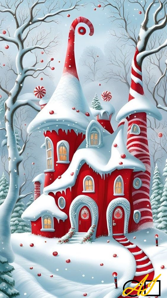 Елмазен гоблен -  КЪЩИЧКА НА КОЛЕДНИ ДЖУДЖЕТА: Размер и Вид - Кръгли диаманти 45х25