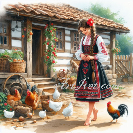 Картина МОМА ХРАНИ КОКОШКИТЕ НА ДВОРА