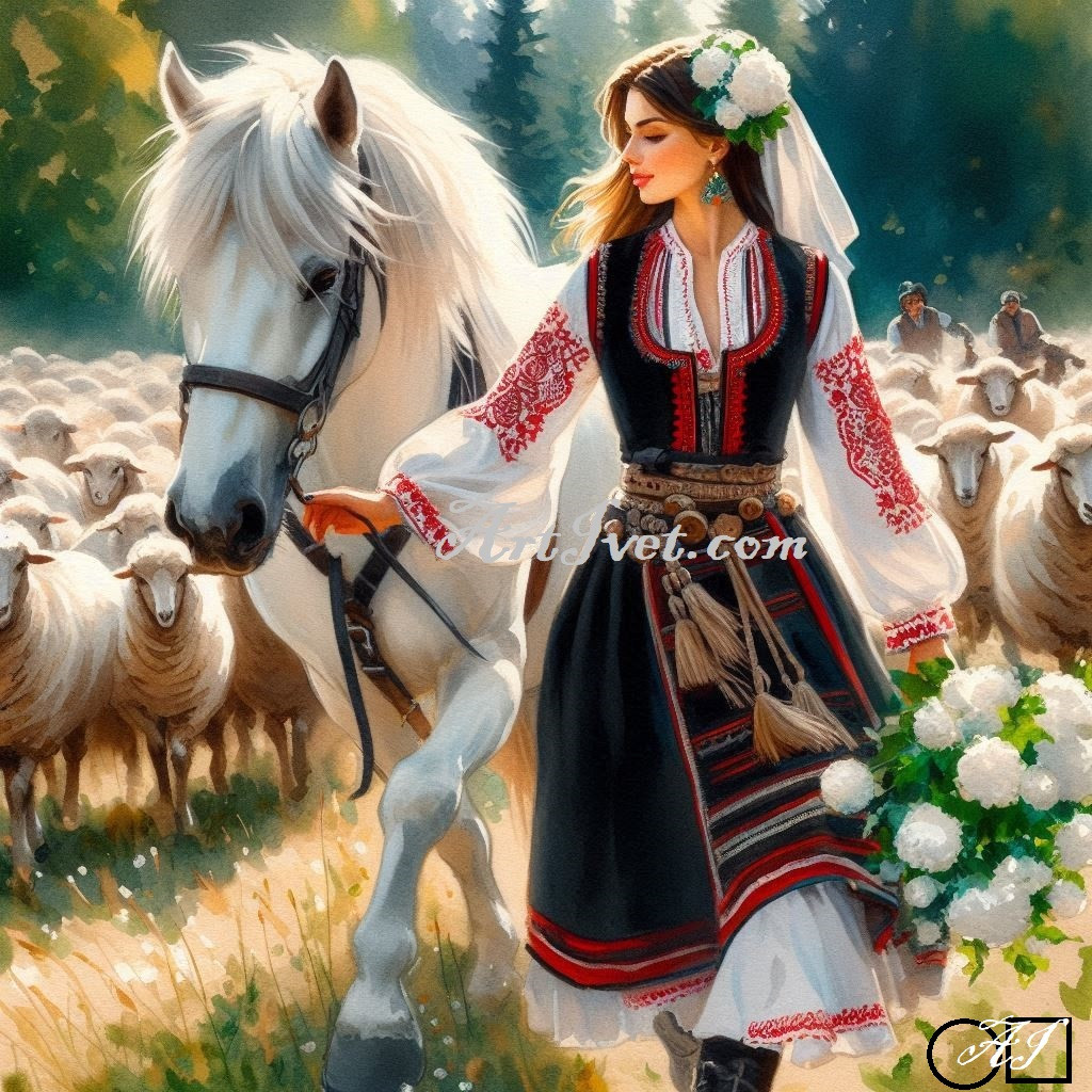 Диамантен гоблен -  АЛБЕНА - МОМИЧЕ С БЕЛИ БОЖУРИ: Размер и Вид - Квадратни диаманти 25х25