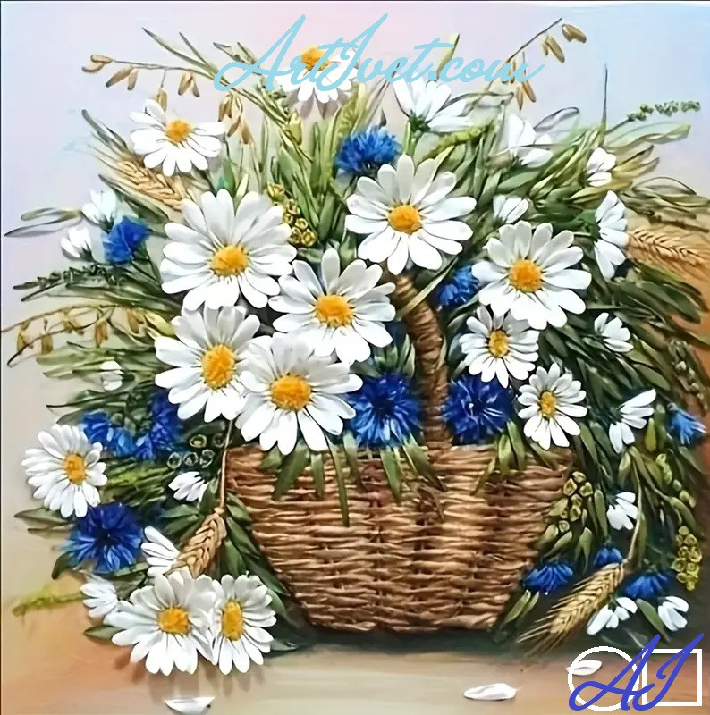 Диамантен гоблен -БУКЕТ ОТ ПОЛЕТО –  МАРГАРИТКИ И МЕТЛИЧИНИ: Размер и Вид - Квадратни диаманти 25х25