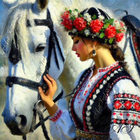 Рисуване по номера - ЯНА И БЕЛИЯТ КОН 40х40 см.