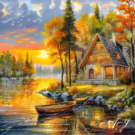 Рисуване по номера -ЗЛАТЕН ЗАЛЕЗ НАД КЪЩАТА НА РИБАРЯ40х40 см.