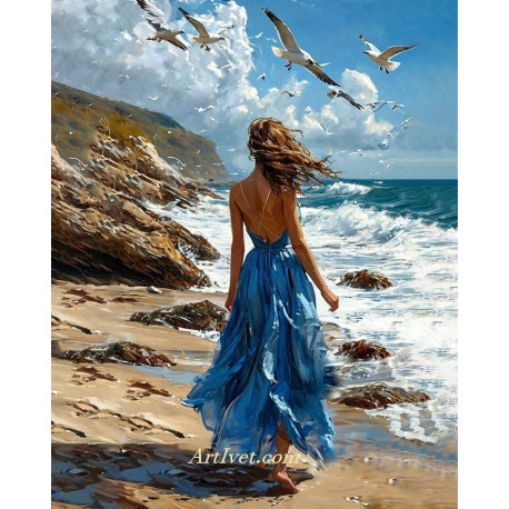 Рисуване по номера - ДАМА СЪС СИНЯ РОКЛЯ НА СКАЛИСТИЯ БРЯГ