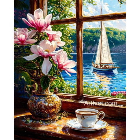 Рисуване по номера - МАГНОЛИИ ДО ПРОЗОРЕЦА