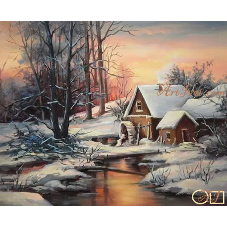 Диамантен гоблен ЗИМЕН ПЕЙЗАЖ СЪС СТАРА ВОДЕНИЦА