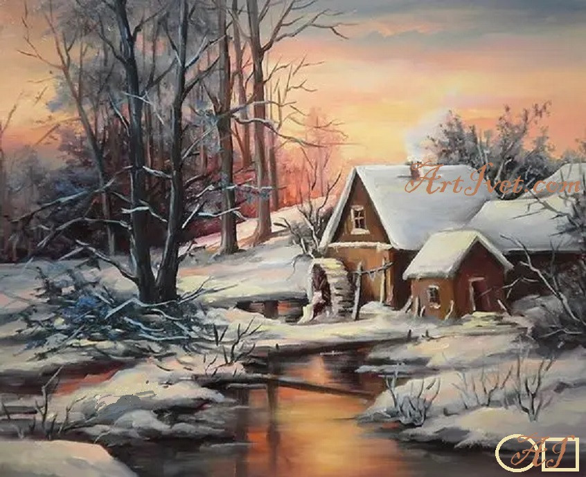 Диамантен гоблен ЗИМЕН ПЕЙЗАЖ СЪС СТАРА ВОДЕНИЦА: Размер и Вид - Квадратни диаманти 42х35