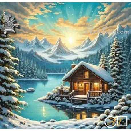 Диамантен гоблен - ХИЖА ДО ЕЗЕРОТО СРЕД БОРОВЕ ОТРУПАНИ СЪС СНЯГ