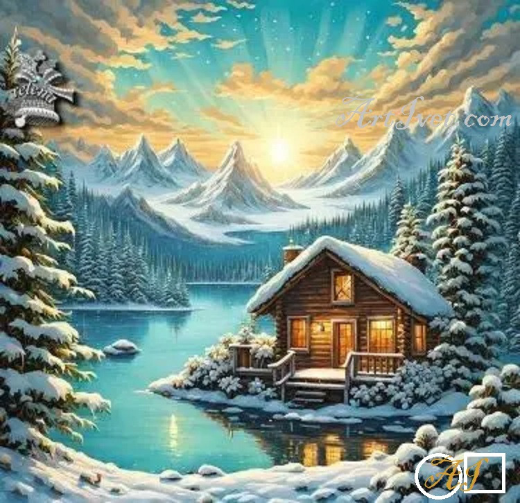 Диамантен гоблен - ХИЖА ДО ЕЗЕРОТО СРЕД БОРОВЕ ОТРУПАНИ СЪС СНЯГ: Размер и Вид - Кръгли диаманти 40х40