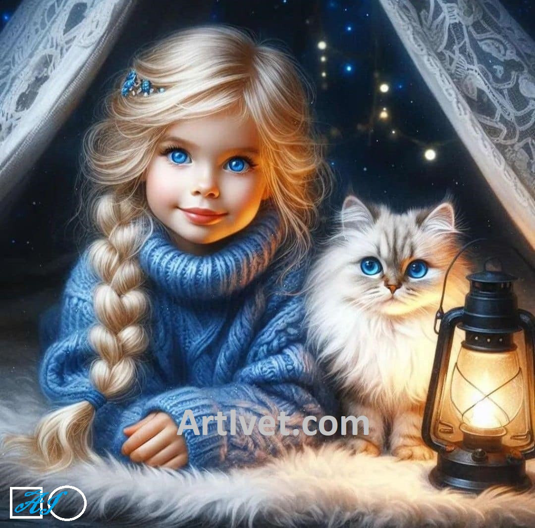 Диамантен гоблен - МОМИЧЕ И КОТЕ - СИНЕОКИ ПРИЯТЕЛЧЕТА: Размер и Вид - Кръгли диаманти 20х20