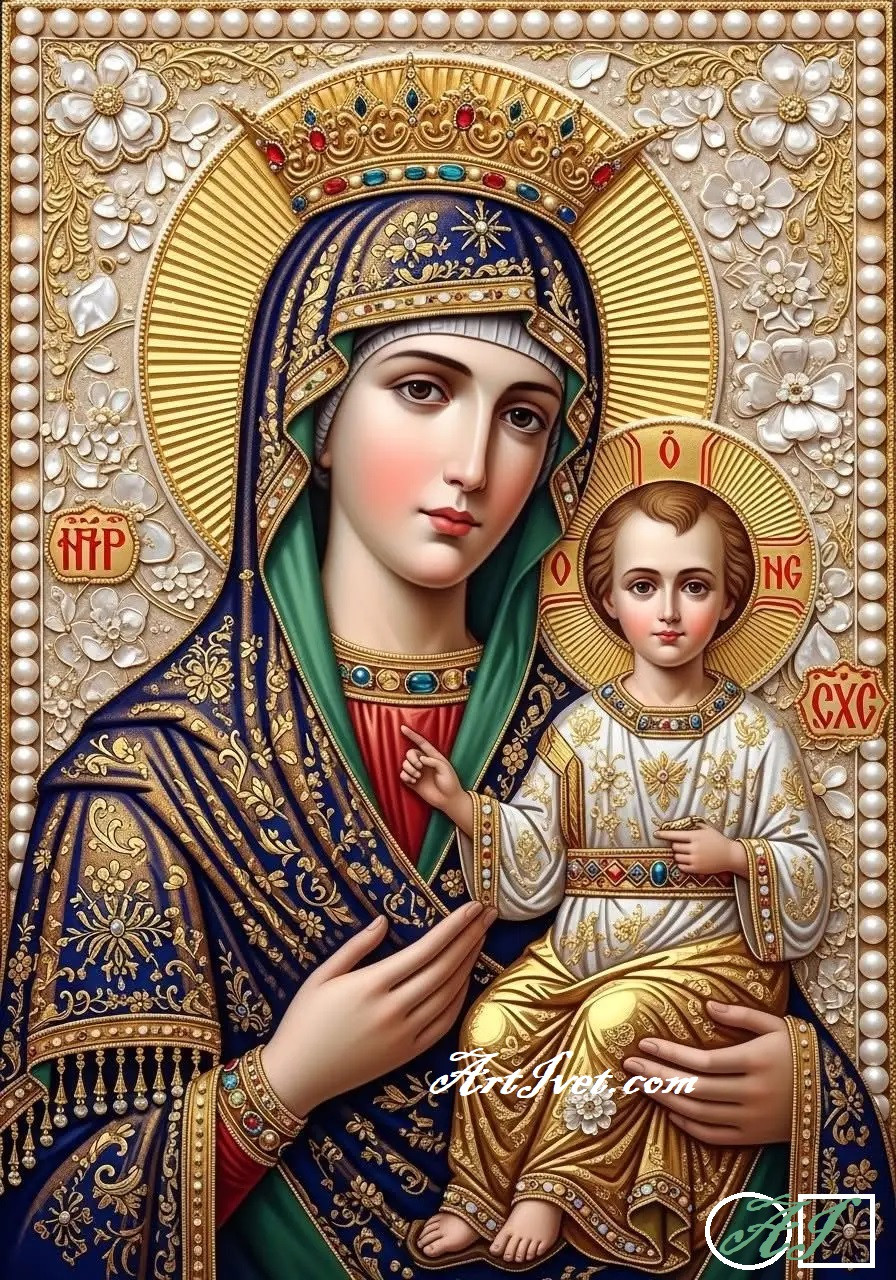 Диамантен гоблен - ДЕВАТА С МЛАДЕНЕЦА - ЦАРИЦА НА ЦАРИЦИТЕ: Размер и Вид - Кръгли  диаманти  28х20