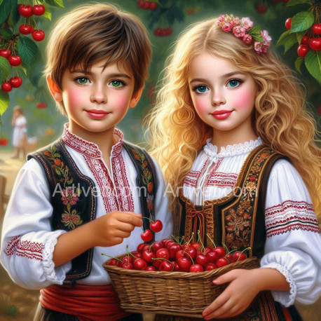 Рисуване по номера - ДЕЧИЦА С ЧЕРЕШКИ 40х40 см.