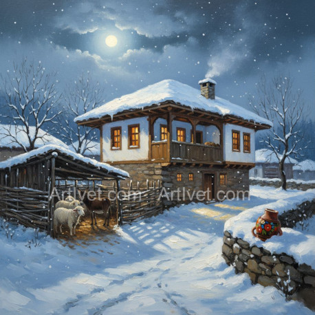 Рисуване по номера - ЗИМНО СЕЛЦЕ - КОШАРА ПОД ЛУННА СВЕТЛИНА 40х40 см.