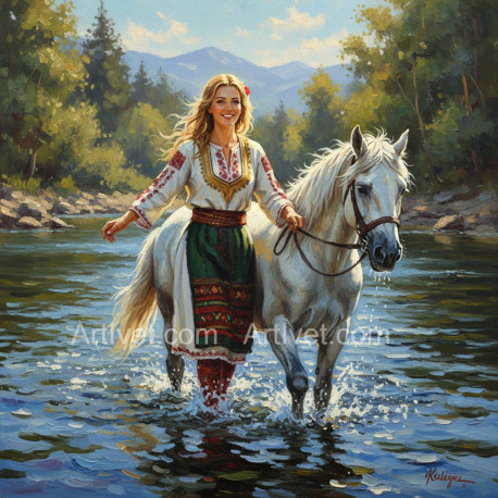 Рисуване по номера - РОСИЦА ВОДИ КОНЯ НА ВОДОПОЙ 40х40 см.