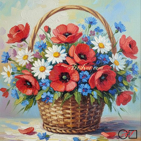 Диамантен гоблен - КОШНИЦА С ЦВЕТЯ - МАКОВО ОЧАРОВАНИЕ