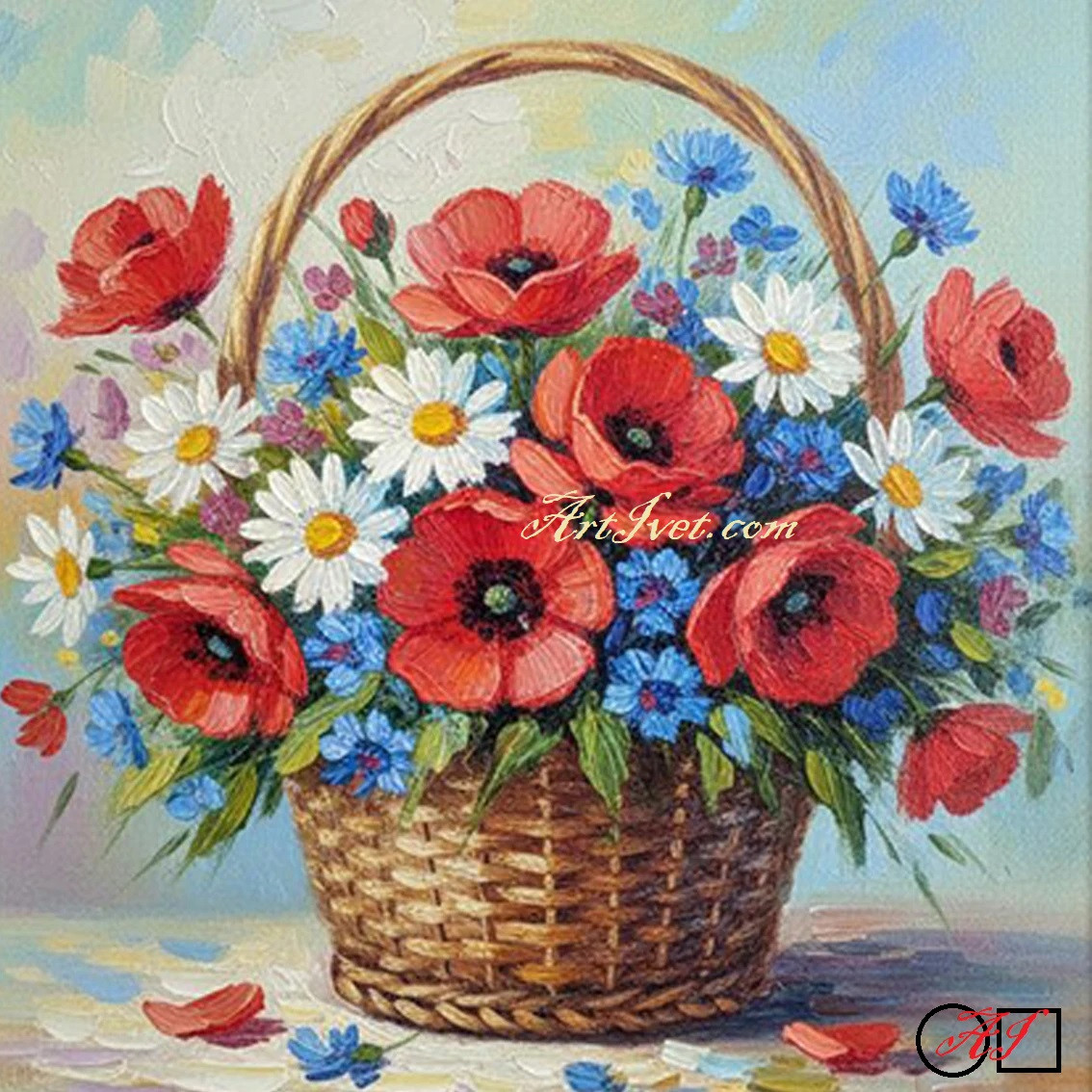 Диамантен гоблен - КОШНИЦА С ЦВЕТЯ - МАКОВО ОЧАРОВАНИЕ: Размер и Вид - Кръгли диаманти 40х40