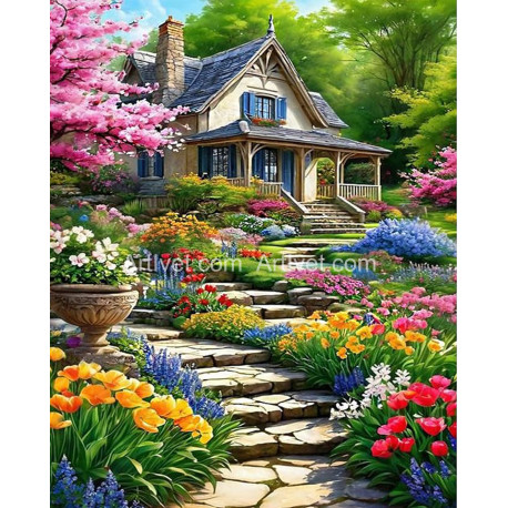 Рисуване по номера - КЪЩА СРЕД ЦВЕТНА ГРАДИНА