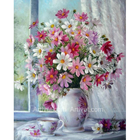 Рисуване по номера - НЕЖЕН БУКЕТ В РОЗОВО В БЯЛА ВАЗА