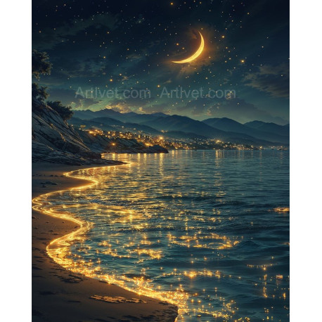 Рисуване по номера - ЛУННИ ЛЪЧИ ПО КРАЙБРЕЖНИТЕ ВЪЛНИ