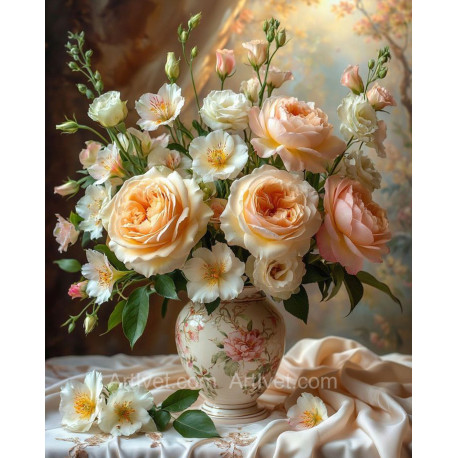 Рисуване по номера - НЕЖЕН БУКЕТ В ПАСТЕЛНИ ЦВЕТОВЕ