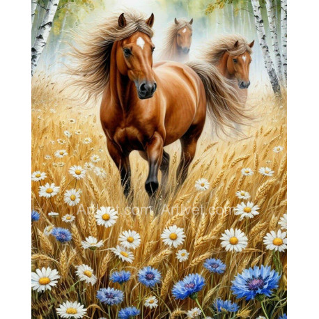 Рисуване по номера - ВОЛНИ КОНЕ СРЕД ЖИТА И ЦВЕТЯ