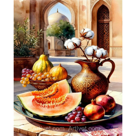 Рисуване по номера - НАТЮРМОРТ С ПЛОДОВЕ И ПАМУК В МЕДНИ СЪДОВЕ