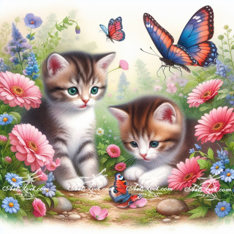 Рисуване по номера - ДВЕ ПУХКАВИ КОТЕТА С ПЕПЕРУДА 40х40 см.