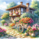 Рисуване по номера - ТАЛИГАТА С ЦВЕТЯ ПРЕД СЕЛСКАТА КЪЩА 40х40 см.