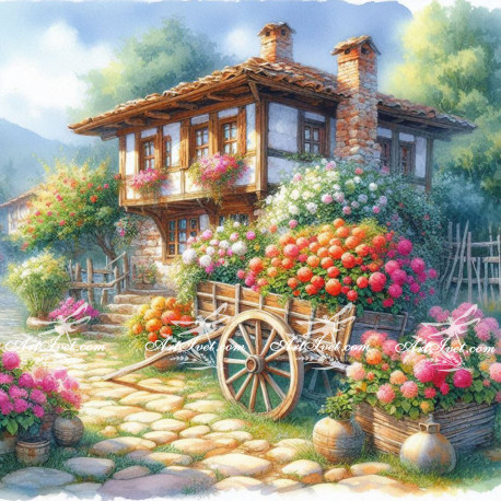 Рисуване по номера - ТАЛИГАТА С ЦВЕТЯ ПРЕД СЕЛСКАТА КЪЩА 40х40 см.
