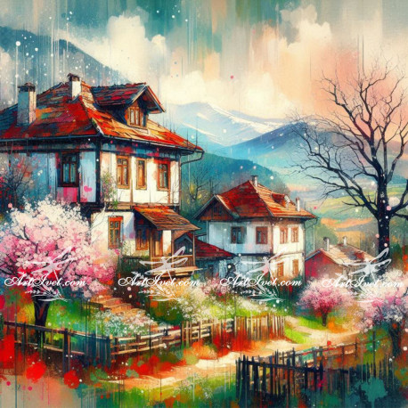 Рисуване по номера - ПУКНА ПРОЛЕТ НА СЕЛО - ПАСТОРАЛНА ИДИЛИЯ 40х40 см.