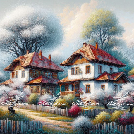 Рисуване по номера - ДЪРВЕТА КАТО ОТ ПАМУК, КЪЩИТЕ КОВАНИ С ЧУК 40х40 см.