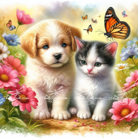Рисуване по номера - КУЧЕ И КОТЕ - ДРУГАРЧЕТА 40х40 см.