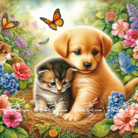 Рисуване по номера - КЛЕПОУХИ СЛАДУРИ - КУЧЕ И КОТЕ 40х40 см.