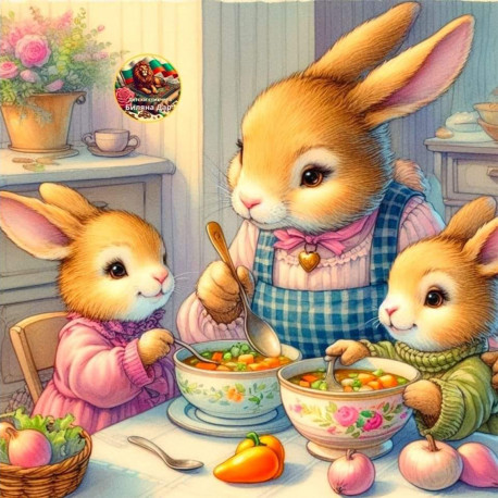 Рисуване по номера - НА ВЕЧЕРЯ ПРИ МАМА ЗАЙКА 40х40 см.