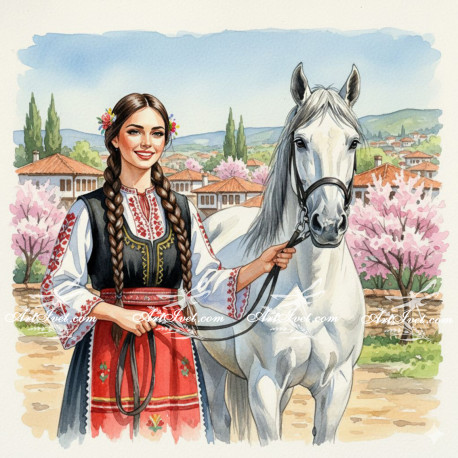 Рисуване по номера - СТОЯНА ВОДИ БЯЛА КОБИЛА КЪМ ДОМА 40х40 см.