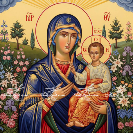 Рисуване по номера - ПРЕСВЕТАТА МАЙКА И МЛАДЕНЕЦА НА ЦВЕТЕН ФОН 40х40 см.