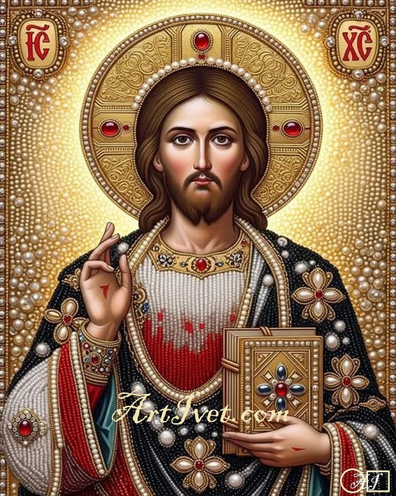 Диамантен  гоблен ИСУС ВСЕДЪРЖИТЕЛ: Размер и Вид - Кръгли диаманти 25х20