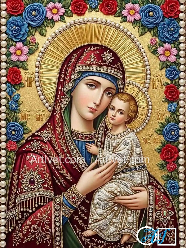 Диамантен гоблен ИКОНА НА БОГОРОДИЦА - СВЕЩЕНИ ЦВЕТОВЕ: Размер и Вид - Кръгли диаманти 48х36