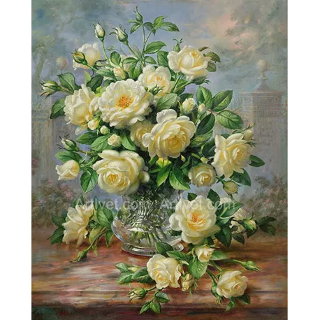 Рисуване по номера - БЕЛИ РОЗИ В СРЕБЪРНА ВАЗА