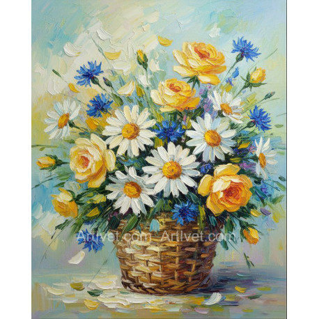 Рисуване по номера - МАРГАРИТИ, ЖЪЛТИ РОЗИ И МЕТЛИЧИНИ В КОШНИЧКА