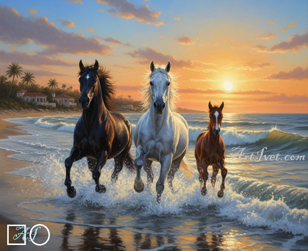 Диамантен  гоблен КОНЕ СРЕД ВЪЛНИТЕ – ВРЕМЕ НА СВОБОДА: Размер и Вид - Квадратни диаманти 40х32