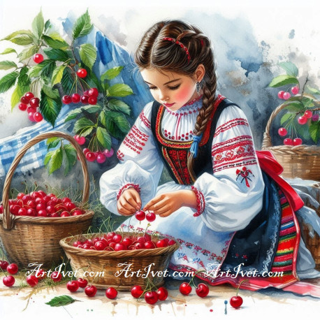 Рисуване по номера - ХАЙДЕ НА ЧЕРЕШИТЕ, ЯНА Е ПЪРВА 40х40 см.