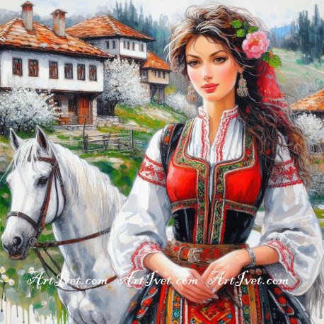 Рисуване по номера - ЖЕНЯ С ТРЕНДАФИЛ НАКИЧЕНА 40х40 см.