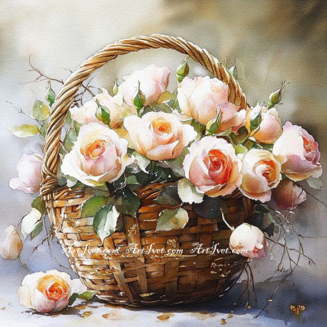 Рисуване по номера - ДА ПРЕЛЕЕШ ОТ АРОМАТ - КОШНИЦА С РОЗИ 40х40 см.