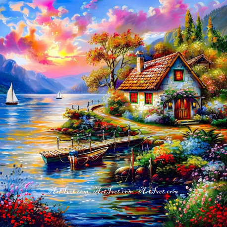 Рисуване по номера - КЪЩАТА ДО ПРИСТАНА ЗА ЛОДКИ 40х40 см.
