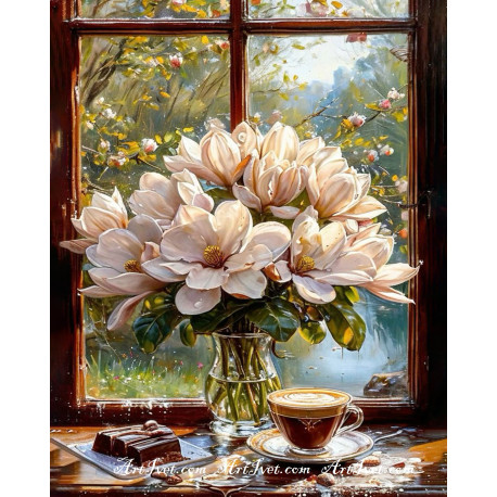 Рисуване по номера - КАФЕ И ТОРТА С АРОМАТ НА МАГНОЛИЯ